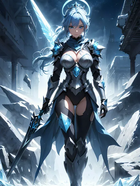 A beautiful Women, absurdres, ((full body armor, shining armor, knight leg armor, boot armor, ice knight )), ((holding a weapon)) , perfect body figure, blue color hair, ponytail hairstyle, ice magic, ice manipulation, frozen power, icebeam attacks, aura o...