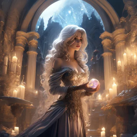 There is a woman in a white dress in front of a castle, like alice in wonderland, beautiful face, Rosto detalhado, dedos detalhados, fantasy fairytale story, beautiful render of a fairytale, linda donzela fantasia, arte de conto de fadas, bela arte de fant...