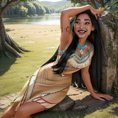 (pocahontaswaifu:1), sorriso, bonito, pose fofa, olhando para o espectador, coxas grossas, (tribal, vestido:1),

(realista: 1.2)...