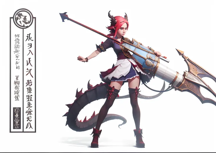 A teenage girl，Halberd in hand，There is a pair of dragon horns on the head，There is a dragon tail