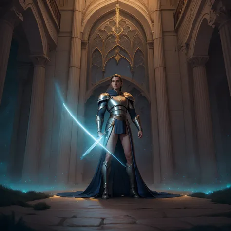 "An imposing paladin wielding a sword imbued with radiant light, emanando magia de luz potente. A cena se passa em uma paisagem urbana sombria e misteriosa, Iluminado pelo brilho da espada do paladino. The composition is expertly crafted, with breathtaking...