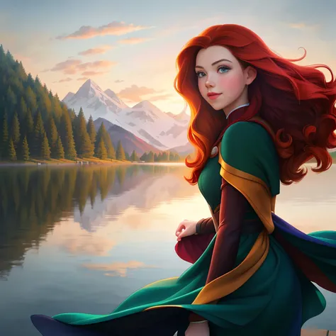 A closeup of a woman with long red hair standing near a lake, portrait of princess merida, Artgerm e Atey Ghailan, estilo de arte disney, arte conceitual disney, Shallan Davar, Arte no estilo da Disney, Atey Ghailan 8 K, arte disney, Alena Aenami e Artgerm...