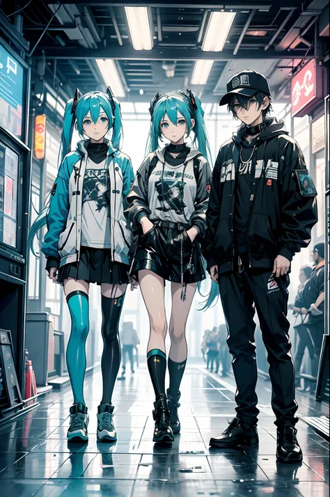 Modern simulation，Anime-style environment wide angle shooting，Nighttime chaotic arcade shots; Hatsune Miku of streetwear;scientific fiction. 。.。.。.。.3D. Environmental arcade art.，Cyberpunk personality，firearm,A sexy,dynamicposes