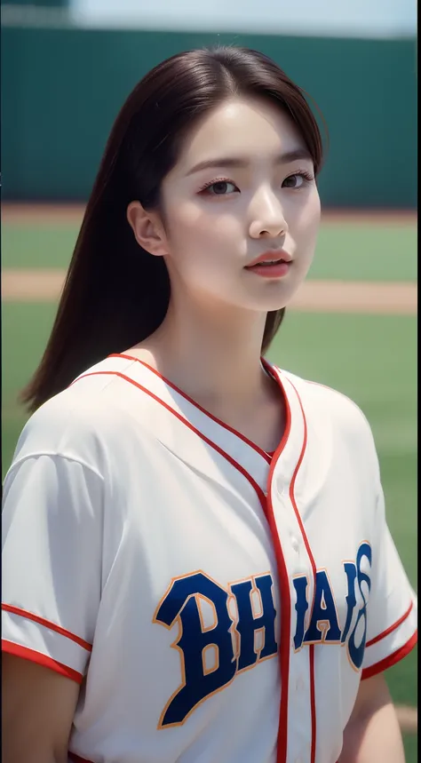 realistic photos of 1 cute Korean star, hair behind ears, white skin, thin makeup, 32 inch breasts size, wearing baseball outfit, in baseball ground, upper body portrait, Fujicolor, UHD