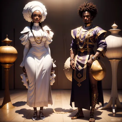 Full body shot of African couple black man and black woman both wearing African designed clothes standing in a coloured white African designed room full of African weapons and African instruments, the whole scene in white colour, white smoke in scene, with...