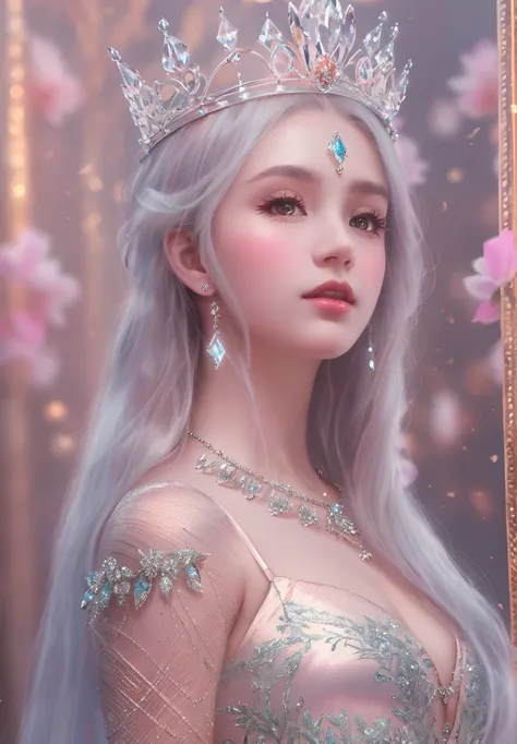 A (chest height photo: 1.2) a beautiful princess wearing transparent crystal crown, pastel colors, goddess, gentle face, perfect face, highly detailed, ultra-realistic, masterpiece, art station, best quality, atmospheric lighting, movies, 8K realistic skin...