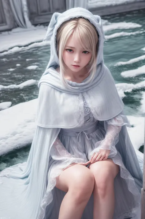 (8K, RAW photo, Photorealistic:1.4)， high resolution, 1 Women, Solo,。.。.。.。.。.3D，Sitting,(Lolita costume)，Wear a flowing skirt， Beautiful eyes, White hair, ringed eyes, (sitted，Cloak，Heavy snow)，snowfield