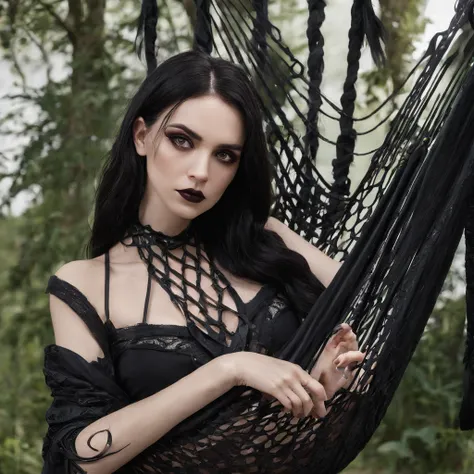 Girl with symbolic clothes of gothic hammock, 。.com (Arame farpado do corpo) cabelos morenos，Extremidades dos cabelos grisalhos