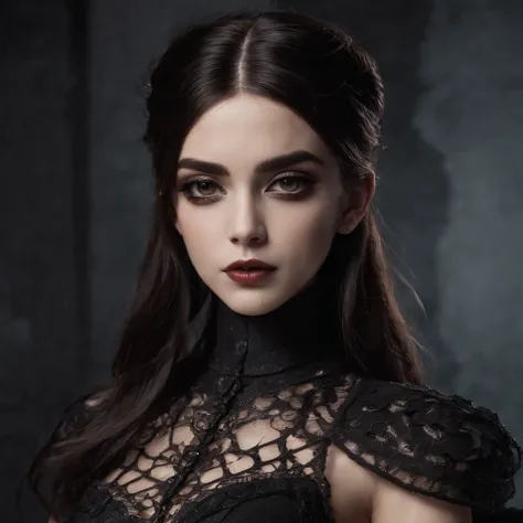 (melhor qualidade,Altas,ultra-detalhado),Dark and mysterious girl with brown eyes and symbolic Gothic clothes,arame farpado cobrindo seu corpo,Cabelo castanho longo escuro,fios cinzentos nas extremidades,Retratos,foco nítido,profissional,Bokeh,dramatic lig...