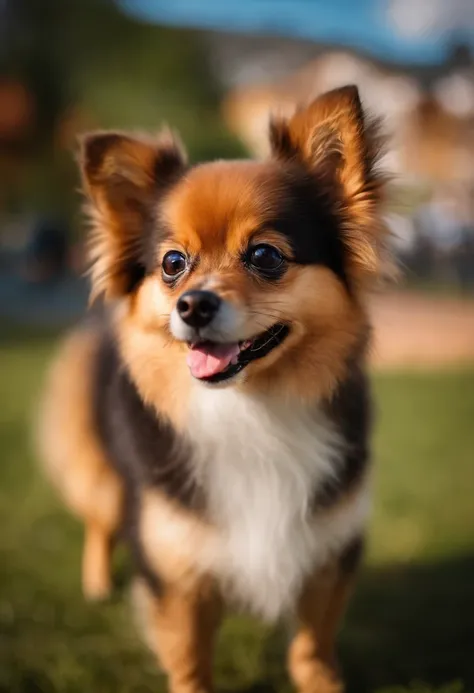 Lulu of small Pomerania in a square, correndo atras de uma bola, face Delicada, tongue out, 8k, foto profissional, Delicado, Correndo, luz solar, Bonito