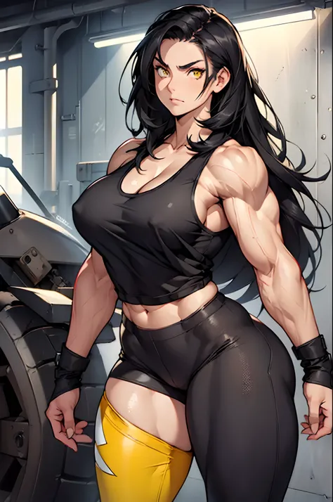 ((((((1 girl)))))), ((((((muscular)))))), huge tits, thick thighs, angry, curvy, black hair, very long hair, solo, yellow eyes, pale skin, tank top, leggings