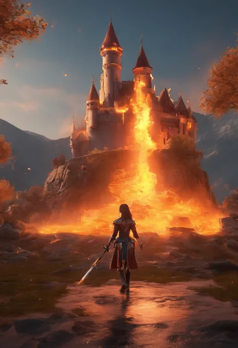 A paladin (1 woman) on her back in battle stance looking at a beautiful castle on fire.