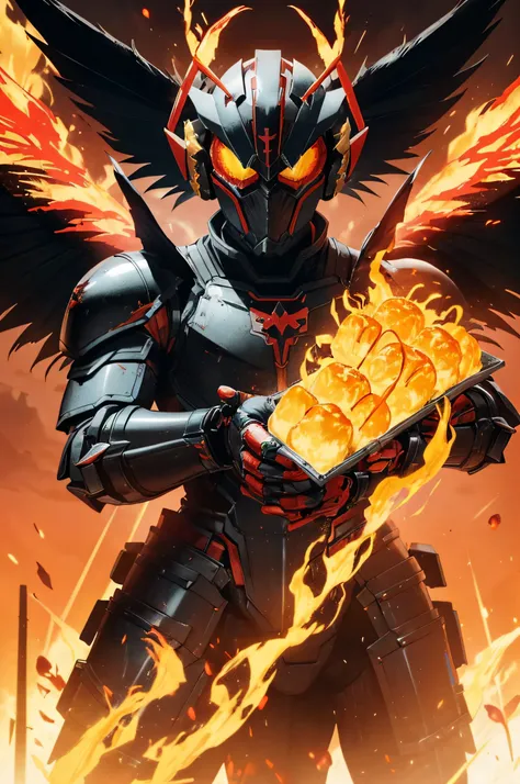 1 kamen rider, armor, mechanical, male, full armor, ((demonic wings)), ((holding flamberge:1.5)), superhero, muscular, heavy metal, mechanical marvel, guardian, ((black armor)), dark hero, anti hero, violent, bloody, absurdres, high resolution, ultrasharp,...