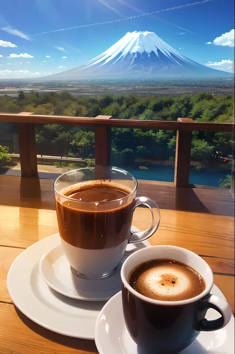 mount fuji in a cup of coffee under bright blue sky