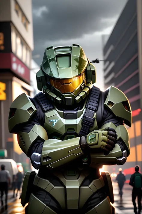 Masterchief do game halo do lado de fora da cidade 17， Chuva， RTX， OctaneRender， Unreal Holding a car headlight in both hands and shining on one side