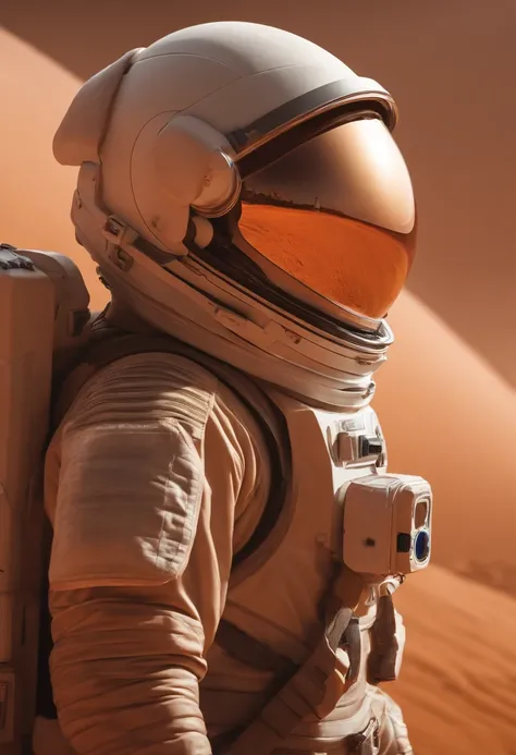 8K、high-level image quality、precision、The Land of Mars、Overall dust storm、Beautiful woman in spacesuit、Beautiful profile、Staring at the vast land of Mars