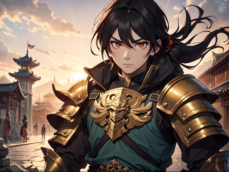 Ultra High Definition, Ultra High Quality, Extremely Detailed, Perfectly Detailed, Masterpiece, 8k, 1 Boy, Look A Like Xin From Kingdom Anime, Handsome, Armored With Chinese Emperor Armor, Black And Orange Pupil Eyes, Black Long Hair Tied, Full Body Shot, ...