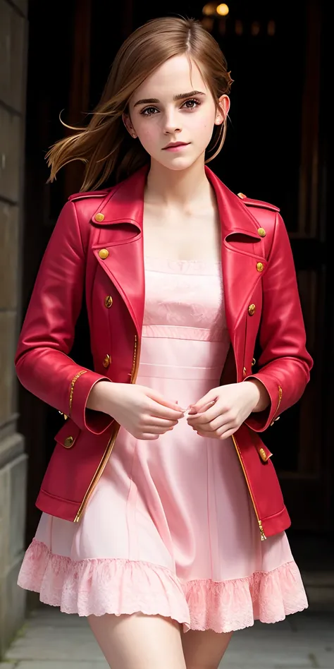 Emma watson, 22 years old, 1girl, aerith Gainsborough dress, pink dress, red jacket, beautiful, masterpiece