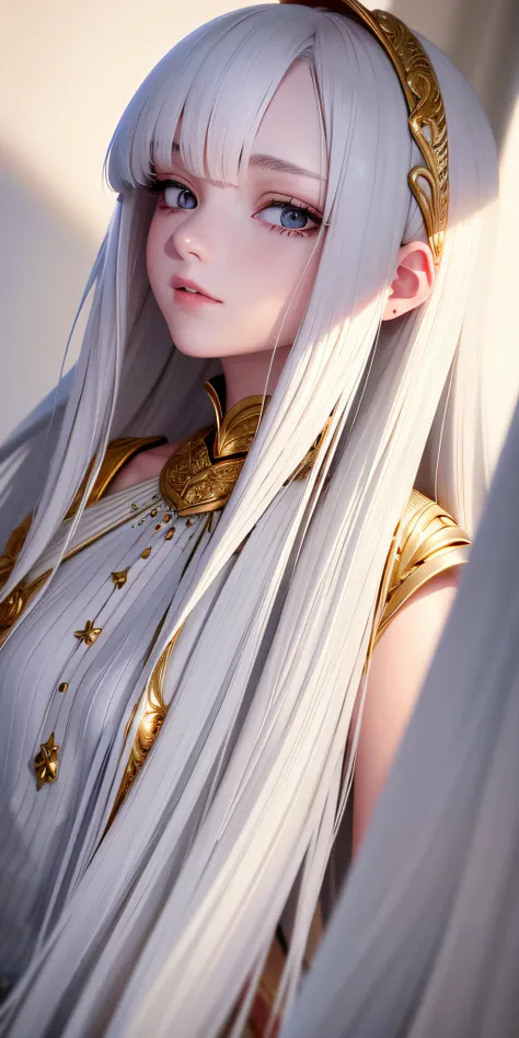 best quality, masterpiece,white hair, gold eyes,white clothes, looking up, upper body,hair strand,Fair skin,side braids