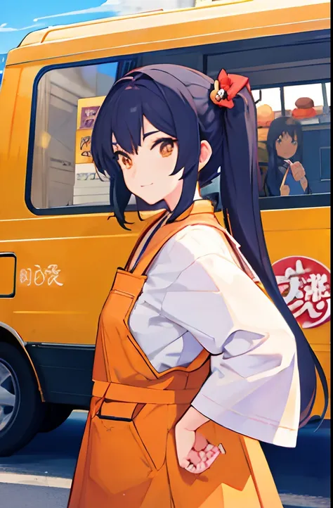 anime girl standing behind of a orange sushi truck