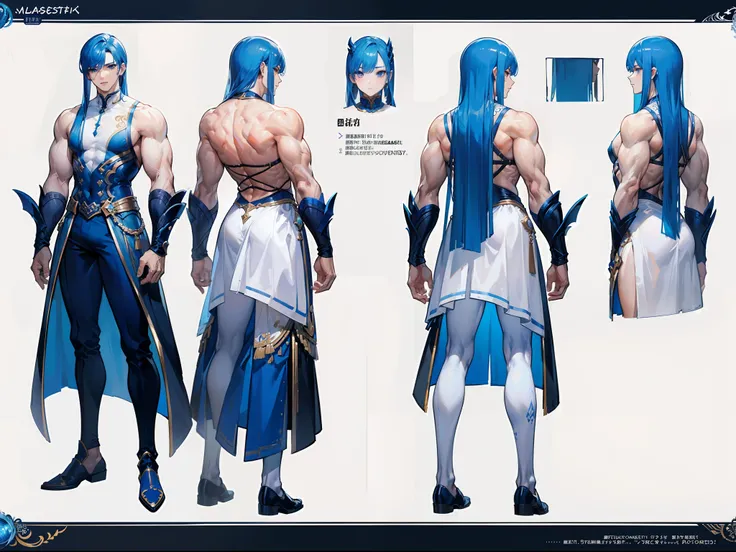 ((Masterpiece, Highest quality)), Detailed face, character design sheet， full bodyesbian, Full of details, frontal body view, back body view, Highly detailed, Depth, Many parts, Muscle boy with long blue hair with long bangs，handsome man, muscle body, whit...