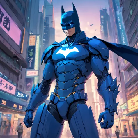 A realistic blue Batman in an advanced cybernetic suit