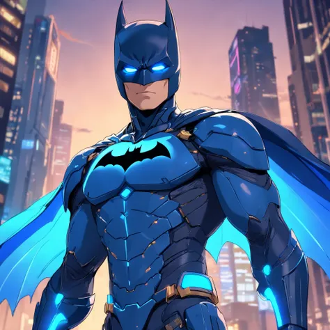 A realistic blue Batman in an advanced cybernetic suit