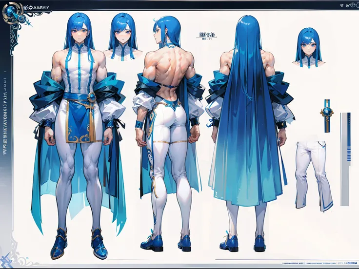 ((Masterpiece, Highest quality)), Detailed face, character design sheet， full bodyesbian, Full of details, frontal body view, back body view, Highly detailed, Depth, Many parts, Muscle boy with long blue hair with long bangs，handsome man, muscle body, whit...