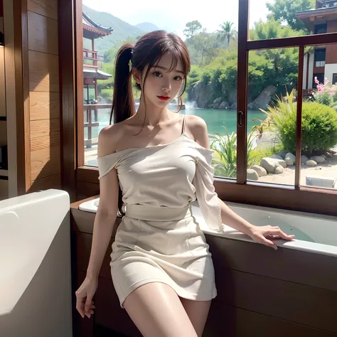 ​masterpiece、top-quality、8K、a picture、realisitic、独奏、1 persons、A MILF、(Short shoulder shirt、skirt by the)(full body Esbian)、(sexy  pose)、Soft lips, (Looking at the camera:0.6), pale skin, (Colorful hair), (finely eye:1.3), (Ponytail Floating Hair NovaFrogSt...