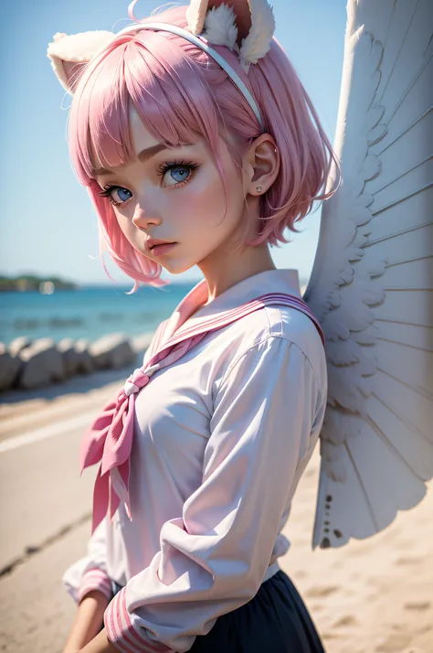 Ski style, 1girll, Solo, Pink hair, Animal ears, Blue eyes, Wings, view the viewer, bangs, Short hair, bow, Sailor collar, White sailor collar, Hair accessories hair bye, Pink bow, Closed mouth, shirt, White shirt, Bear ears, Bob cut, mini wings, Portrait,...