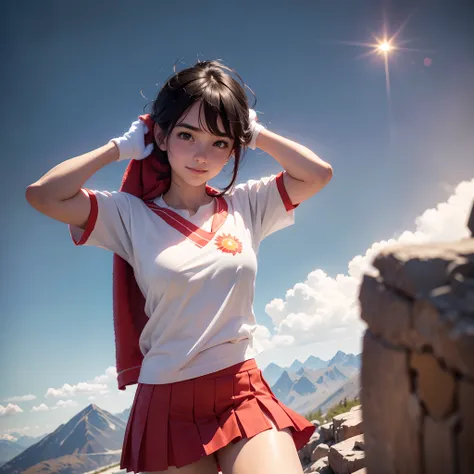 Mountaineering theme,((Magnificent mountain background)),(1个Giant Breast Girl,Masterpiece Girl),anatomy correct,Delicate facial features,Delicate skin,With a smile,(White loose short sleeves:1.4 BREAK red skirt:1.5),((Sports socks)),(Sports white towel aro...