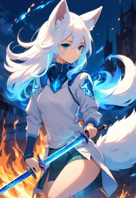 best quality, 8k, a mythical white fox with blue flames on parts of its body holding a sword with his mouth, dark souls scenario, pc wallpaper,