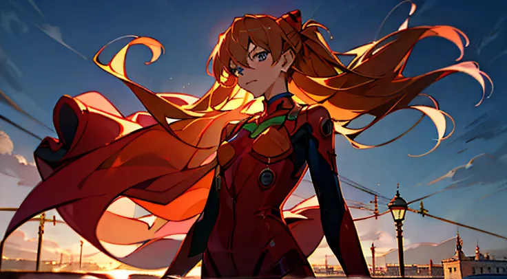 official art, cowboy shot, 1girl standing at Firenze city, souryuu asuka langley, wind, floating hair, masterpiece, best quality, side lighting,