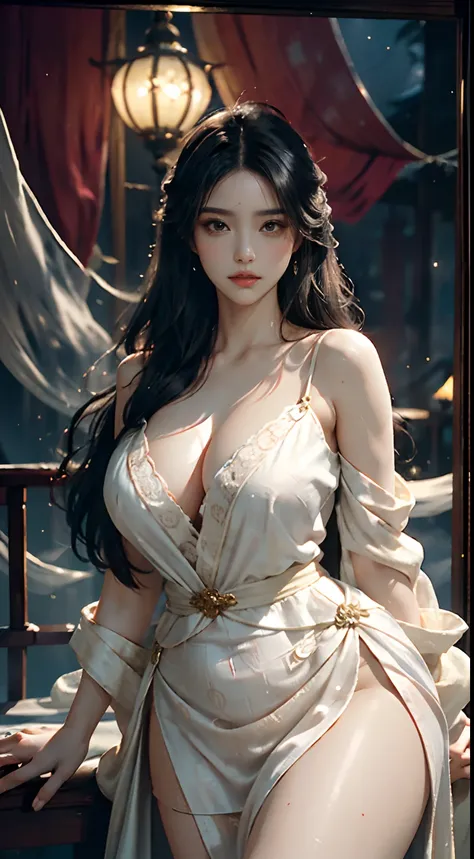 The art depicts a charming woman dressed in a flowing, silky traditional oriental dress decorated with intricate patterns and bright colors. Her dress drapes elegantly over her curvy figure, accentuating her seductive silhouette. She stood gracefully in th...