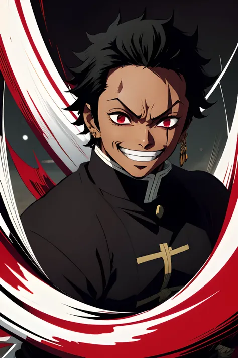 black young man, negro, black hair, zoro hairstyle, red sword, wind, wind breath, demon slayer uniform, bleach pose, smile, scary eyes