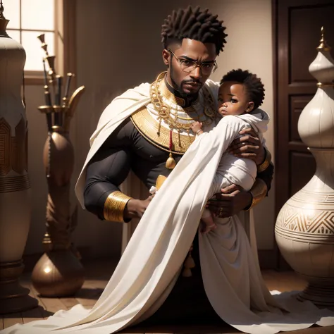 Full body shot of African black man holding a black baby, both wearing African designed clothes standing in a coloured white African designed room full of African weapons and African instruments, the whole scene in white colour, white smoke in scene, with ...