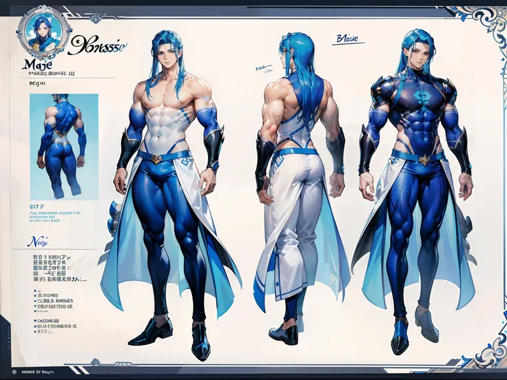 ((Masterpiece, Highest quality)), Detailed face, character design sheet， full bodyesbian, Full of details, frontal body view, back body view, Highly detailed, Depth, Many parts, Muscle boy with long blue hair，handsome man, muscle body, white outfit male go...