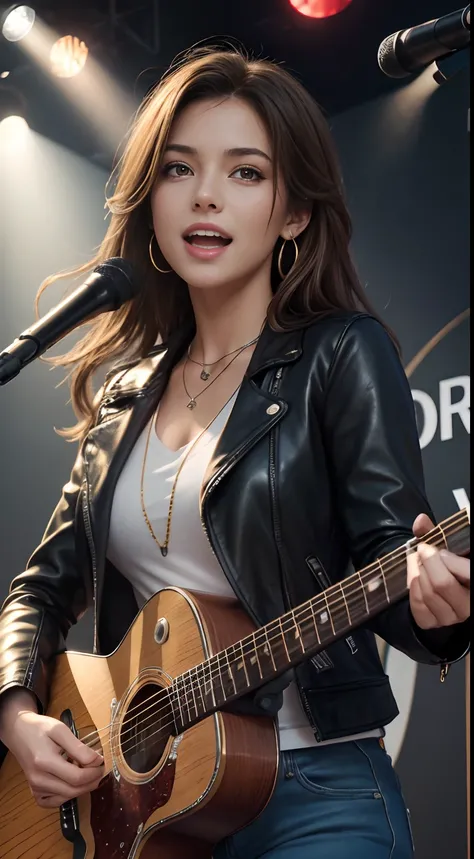 (Masterpiece:1.3, Best quality, Photorealistic, Ultra-detailed, finely detailed, high resolution, 8K wallpaper), 1 beautiful girl, Lead singer of the band group, In a leather jacket, Sing with an electric guitar, standing microphones, Mouth open, Beautiful...