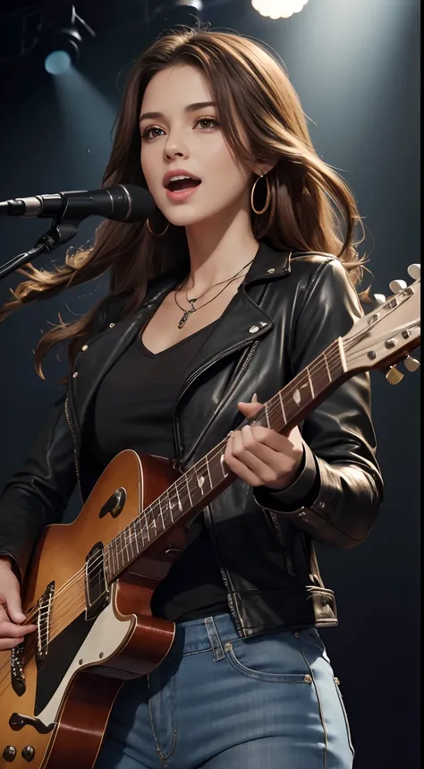 (Masterpiece:1.3, Best quality, Photorealistic, Ultra-detailed, finely detailed, high resolution, 8K wallpaper), 1 beautiful girl, Lead singer of the band group, In a leather jacket, Sing with an electric guitar, standing microphones, Mouth open, Beautiful...