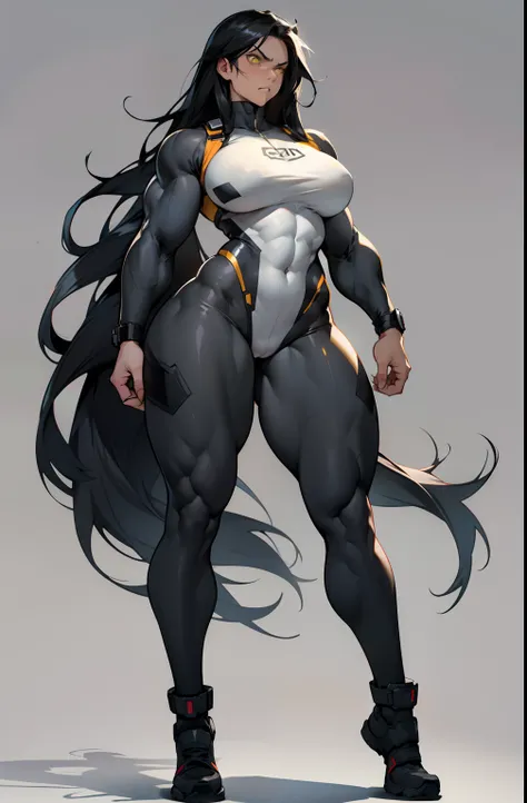 grey background, solo, 1 girl, bodysuit, very long hair, black hair, angry, yellow eyes, (((muscular))), ((huge tits)), (thick thighs)), ((wide hips)), (full body), pale skin