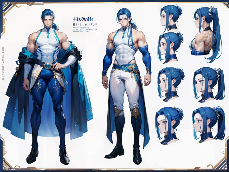 ((Masterpiece, Highest quality)), Detailed face, character design sheet， full bodyesbian, Full of details, frontal body view, back body view, Highly detailed, Depth, Many parts, Muscle boy with ponytail long blue hair，handsome man, muscle body, white outfi...