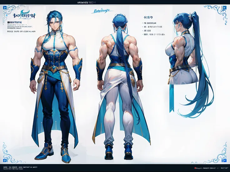 ((Masterpiece, Highest quality)), Detailed face, character design sheet， full bodyesbian, Full of details, frontal body view, back body view, Highly detailed, Depth, Many parts, Muscle boy with ponytail long blue hair，handsome man, muscle body, white outfi...