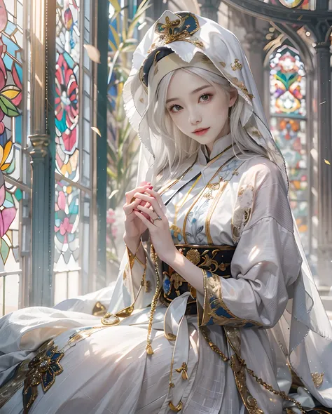 masutepiece、hight resolution、Nun costume、２５Old Female、１girl with、Look at the viewer、smil、Okappa、The background is a monastery、Beautiful stained glass、the skin is white and transparent、Beautiful nun praying to God、Angel Smile、the skin is white and transpare...