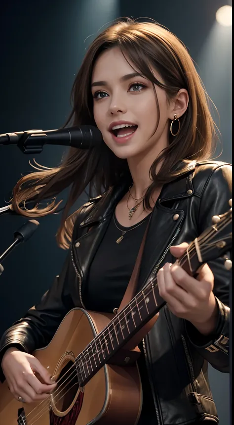 (Masterpiece:1.3, Best quality, Photorealistic, Ultra-detailed, finely detailed, high resolution, 8K wallpaper), 1 beautiful girl, Lead singer of the band group, In a leather jacket, Sing with an electric guitar, standing microphones, Mouth open, Beautiful...