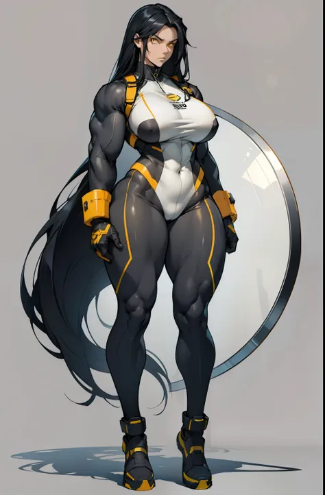 grey background, solo, 1 girl, bodysuit, very long hair, black hair, angry, yellow eyes, (((muscular))), ((huge tits)), (thick thighs)), ((wide hips)), (full body), pale skin