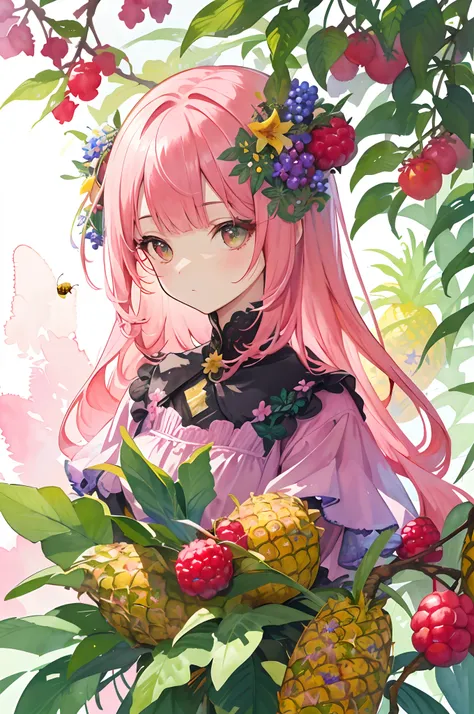 ((super detailed), #3b4195 background, beautiful flowers, pineapple, berries, ferns, bees, leaves, watercolor pattern of calming colors), (watercolor texture), ((1 girl), long pink hair, cute,