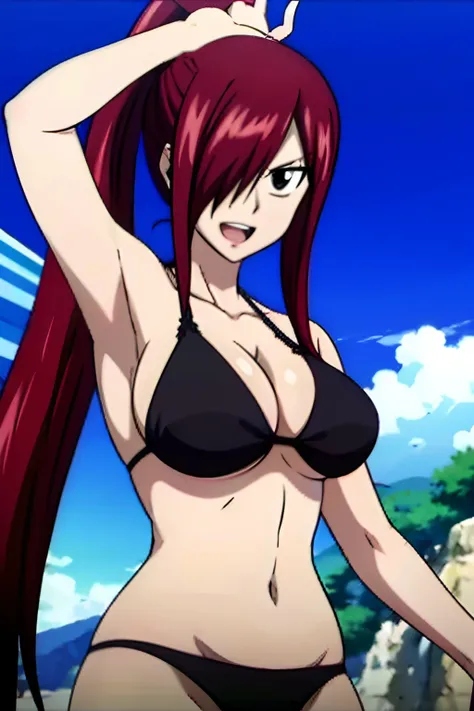 masterpiece, anime style, beach, best quality, highres, fairy tail, 1girl, long hair, ponytail, reddish hair, (bang cover one eye, one hidden eye, brown eye), large breasts, collarbone, midriff, black bikini, standing, outdoors, smile, open mouth, emo hair...