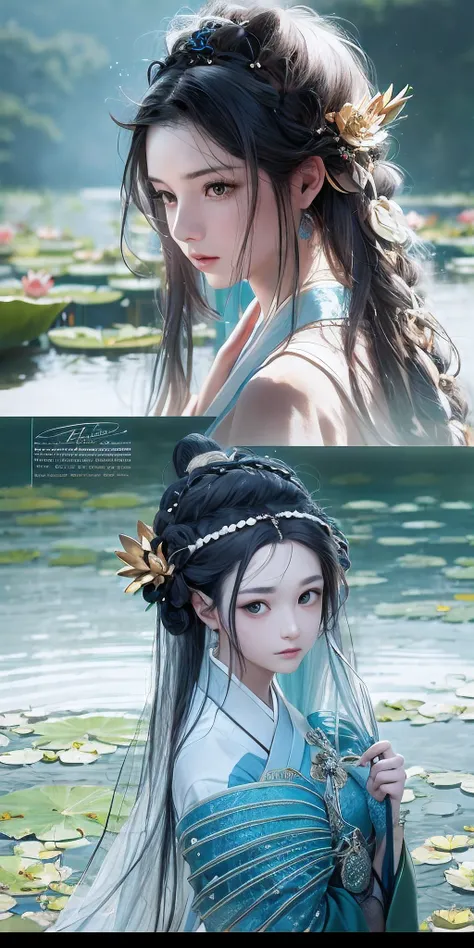 Need,tmasterpiece,Black deep eyes,Look up,The upper part of the body,Delicate hair,Fair skin,Han dynasty hairstyle，Han dynasty plain headdress，Blue Hanfu，Real Human，Super realistic，Super light and shadow，Extreme light chasing，（ssmile）Real lotus pond backgr...