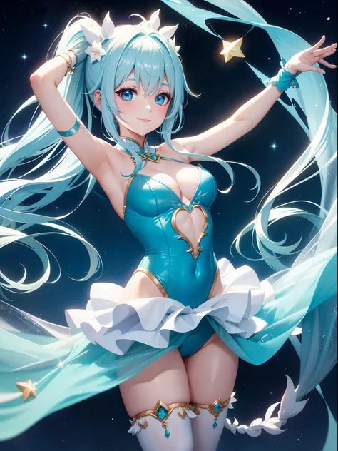 Super Idol　a beauty girl　A charming smile　sky blue hair　length hair　Twin-tailed　Bright green and white leotard costume　Mystical　Fantasia　constellation　a moon　Crystal Brilliance　Aurora Borealis in the Night Sky