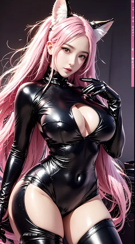 photorealistic,  high resolution,  soft light, 1women,  solo,  hips up,  dynamic pose,  shining skin,  jewelry,  tattoo,  facial mark,  fox ears,  huge breasts, ah4,  pink hair, hair ribbon,  thick thighs,  gantz black suit,  thick suit, latex,